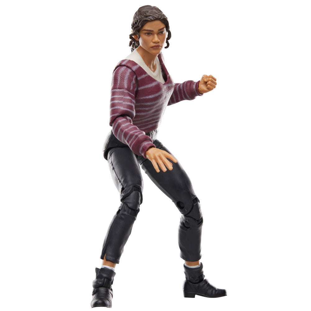 Figurine MJ Spiderman No Way Home posée avec accessoires sur fond neutre