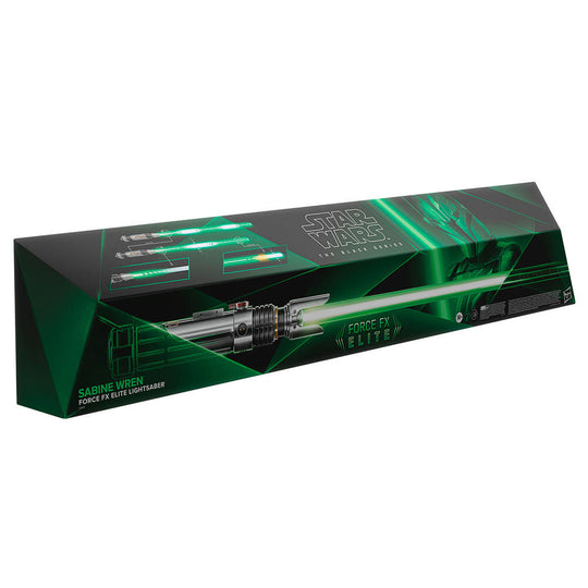 Photo de la réplique complète du sabre laser Sabine Wren avec packaging HASBRO