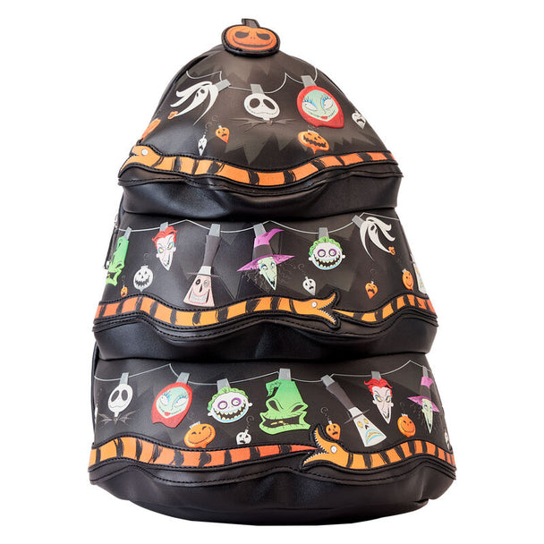Sac à dos Loungefly Disney L'Étrange Noël de M. Jack vue de face avec détails lumineux et appliqués en cuir vegan