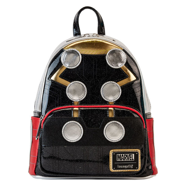 Vue avant du sac à dos Loungefly Marvel Thor Métallique 26cm en cuir vegan avec détails brillants