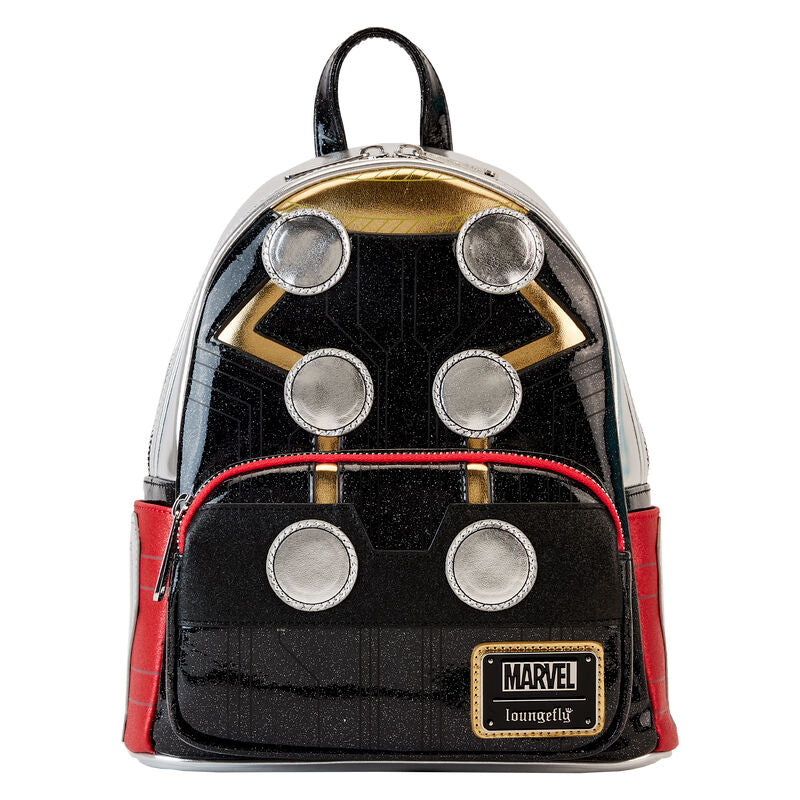 Vue avant du sac à dos Loungefly Marvel Thor Métallique 26cm en cuir vegan avec détails brillants