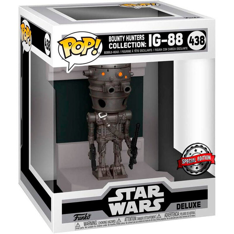 Figurine Funko POP Deluxe IG-88 chasseur de primes Star Wars en vinyle dans sa boîte cadeau avec fenêtre vitrée, vue de face