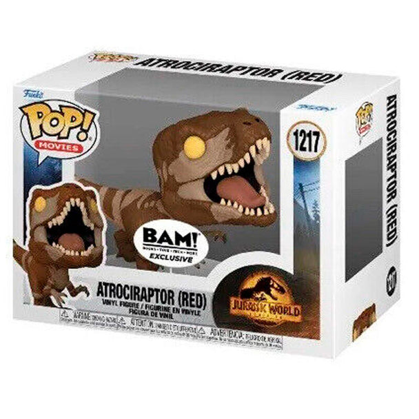 Figurine Funko POP Atrociraptor rouge exclusive Jurassic World en vinyle dans sa boîte cadeau avec fenêtre