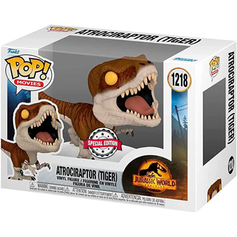 Figurine Funko POP exclusive Atrociraptor Tiger Jurassic World en vinyle dans sa boîte vitrine avec fenêtre