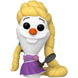 Vue rapprochée de la figurine Olaf déguisé en Rapunzel avec détails colorés et boîte vitrée