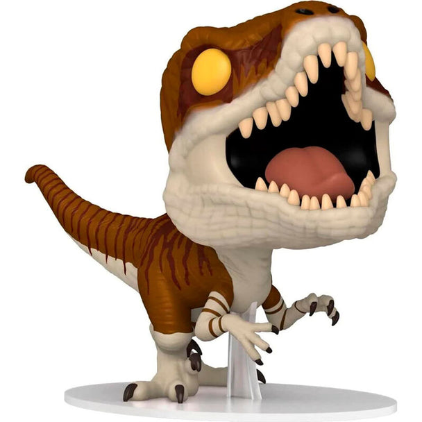 Vue rapprochée de la figurine Funko POP Atrociraptor Tiger exclusive Jurassic World montrant les détails du design