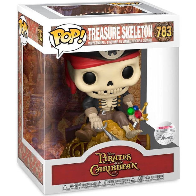 Vue rapprochée de la boîte cadeau avec fenêtre montrant la figurine Treasure Skeleton exclusive de la collection Funko POP Deluxe.