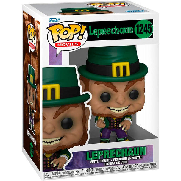Vue rapprochée de la figurine Funko POP Leprechaun en vinyle, montrant les détails et les couleurs vives.