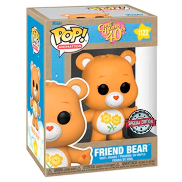 Vue rapprochée de la figurine Funko POP Friend Bear édition limitée 40e anniversaire des Care Bears, présentée en boîte vitrine