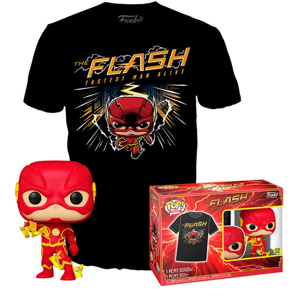 Set collector comprenant une figurine Funko POP The Flash et un t-shirt officiel DC Comics, présenté sur fond blanc.
