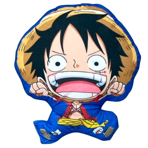 Coussin 3D One Piece représentant Monkey D. Luffy en position debout, taille 35cm, vue de face.