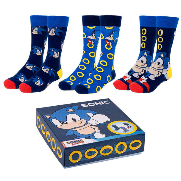 Pack de 3 paires de chaussettes Sonic the Hedgehog pour adultes, vue d'ensemble des designs colorés