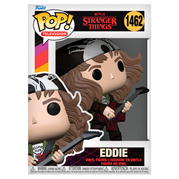 Figurine Funko POP Eddie de Stranger Things vue de face dans sa boîte vitrine transparente