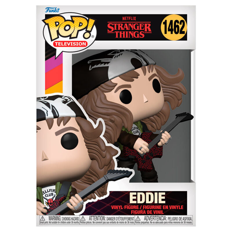 Figurine Funko POP Eddie de Stranger Things vue de face dans sa boîte vitrine transparente