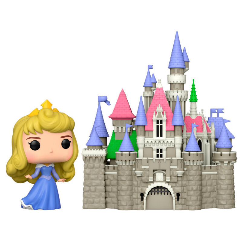 Vue latérale de la figurine POP FUNKO Disney Princesse Aurore avec son château, mettant en valeur les couleurs et finitions