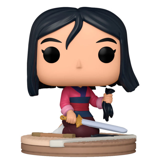 Vue de face de la figurine Funko POP Mulan avec détails colorés et boîte collector