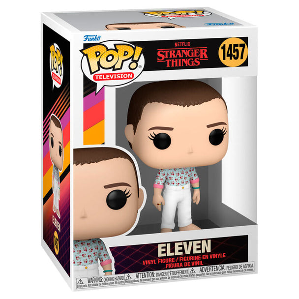Vue de face de la figurine Eleven de Stranger Things version Funko POP avec détails colorés