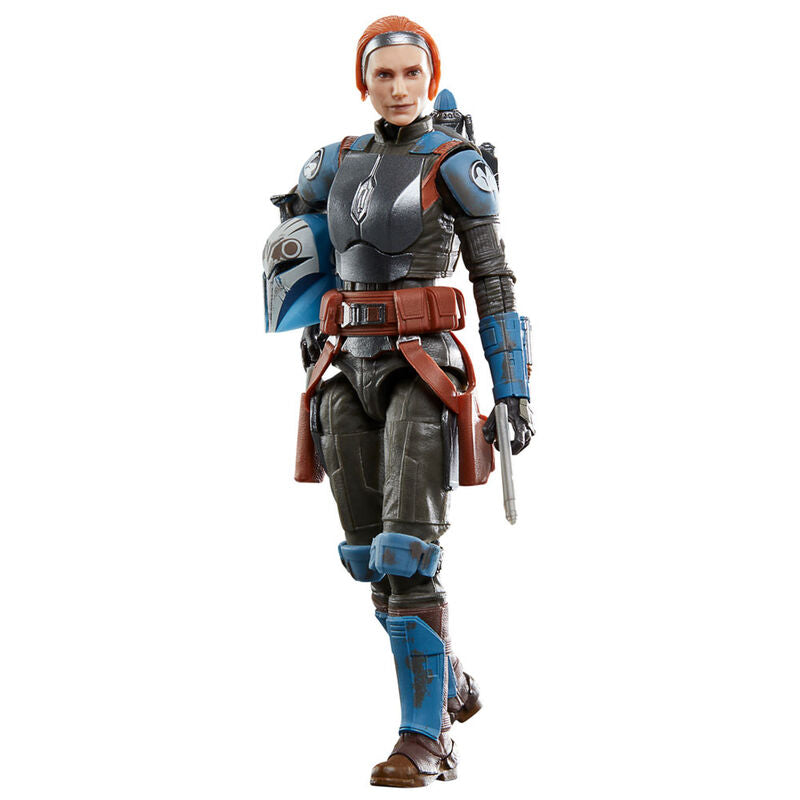 Figurine articulée Bo-Katan Kryze posée sur un socle, exposant sa flexibilité et ses détails