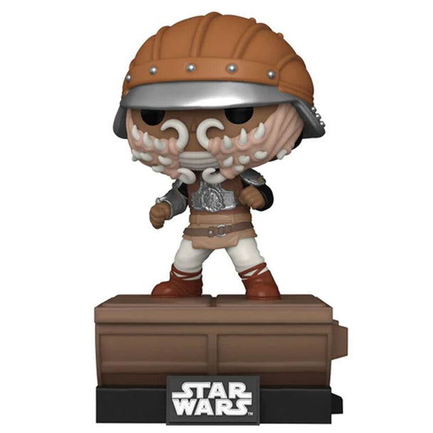 Figurine POP Deluxe FUNKO de Lando Calrissian sur le skiff de Jabba le Hutt vue de face avec détails colorés
