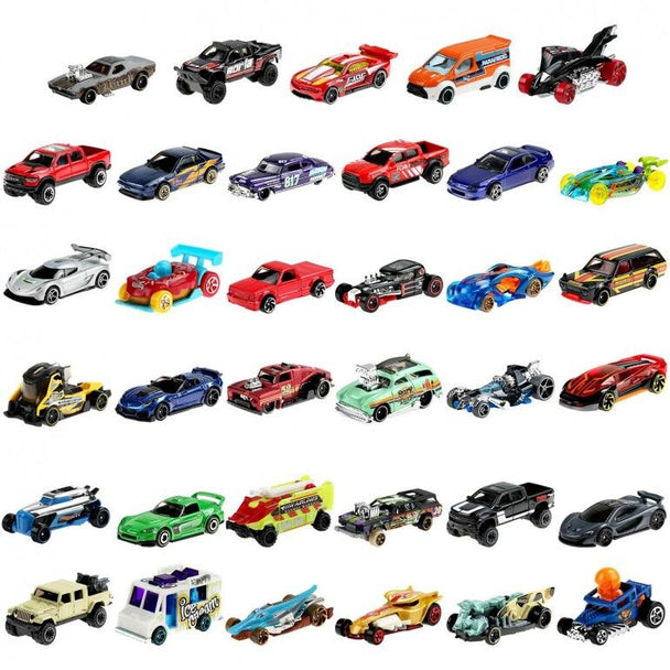 Coffret de voitures miniatures Hot Wheels assorties à l'échelle 1:64 par MATTEL, vue d'ensemble des modèles colorés