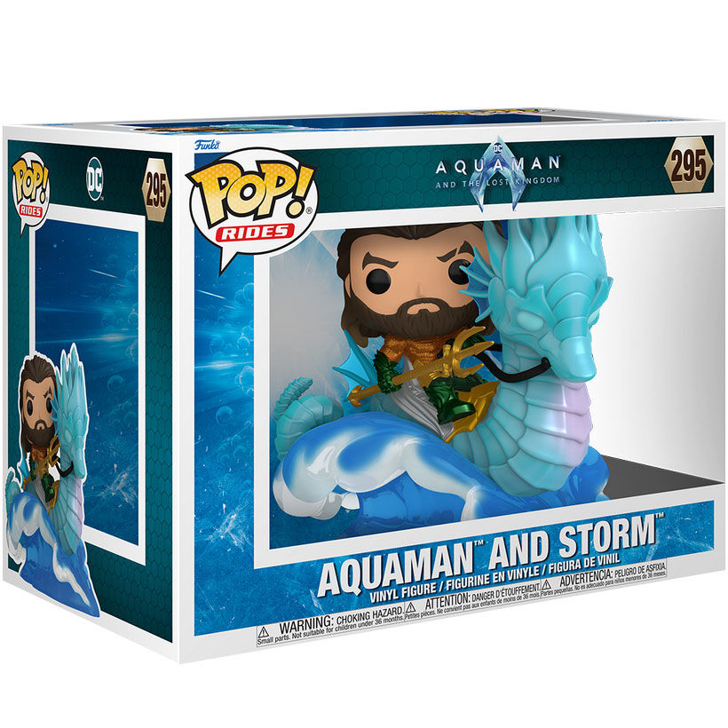 Figurine POP Ride Deluxe Aquaman sur sa monture, tirée du film Aquaman and the Lost Kingdom, vue de face avec détails colorés