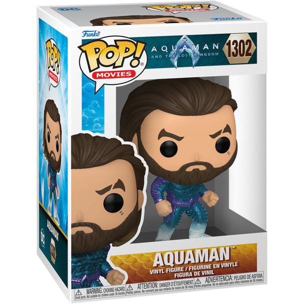 Vue rapprochée de la figurine Funko POP Aquaman avec ses couleurs vives et son design fidèle au personnage du film Aquaman and the Lost Kingdom