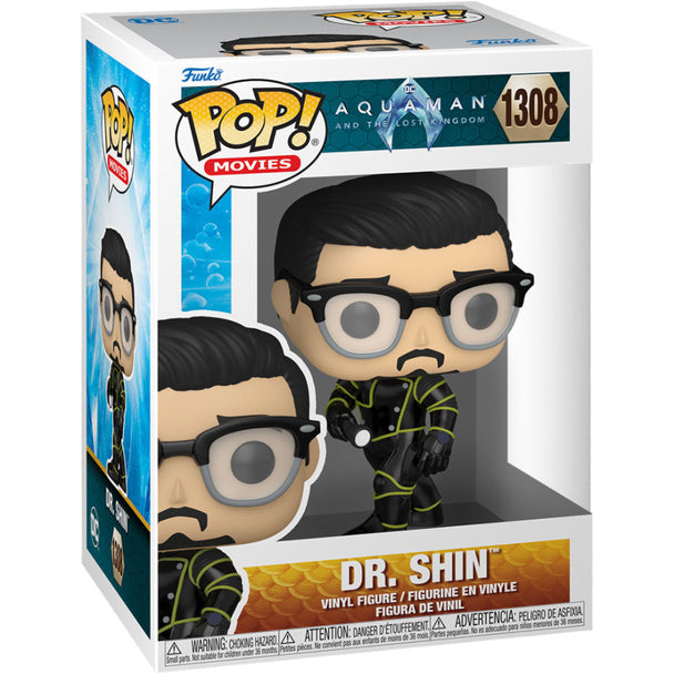 Vue de profil de la figurine Funko POP Dr. Shin avec détails précis du personnage du film Aquaman and the Lost Kingdom.