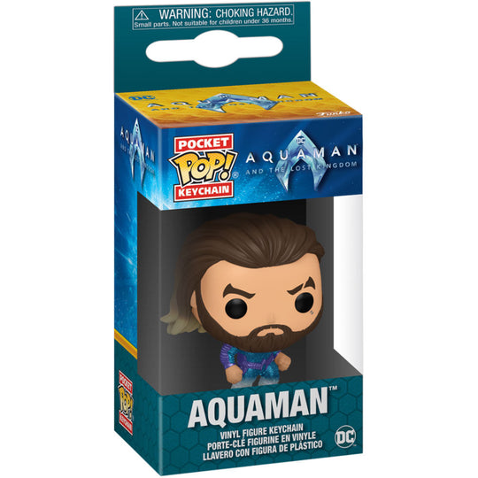 Vue rapprochée du porte-clés Aquaman Funko Pocket POP montrant son design compact et fidèle au personnage