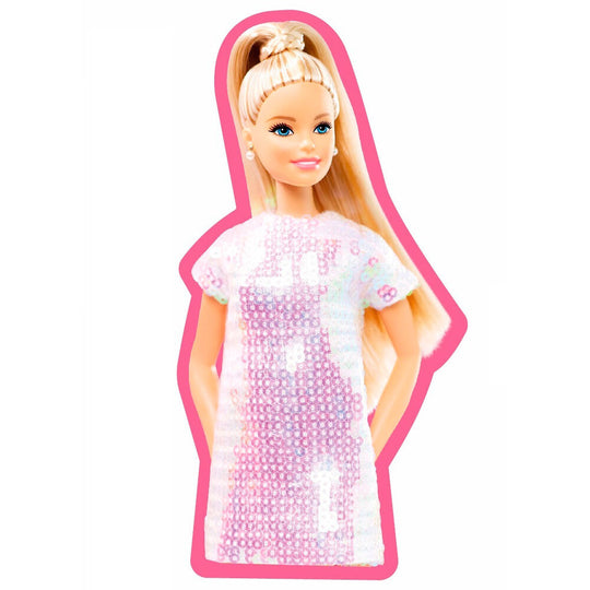 Coussin 3D Barbie MATTEL de 35cm en velboa doux, parfait pour décorer et câliner.