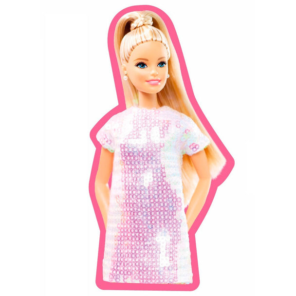 Coussin 3D Barbie MATTEL de 35cm en velboa doux, parfait pour décorer et câliner.