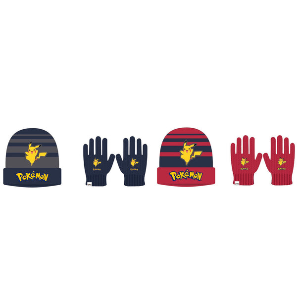 Set enfant Pokémon NINTENDO comprenant un bonnet et des gants assortis à l'effigie de Pikachu, parfait pour l'hiver.