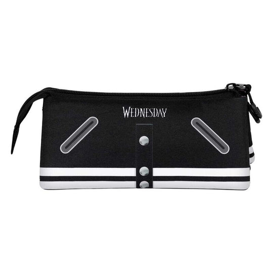 Vue principale de la trousse triple Wednesday Varsity KARACTERMANIA avec son design unique et ses trois compartiments ouverts