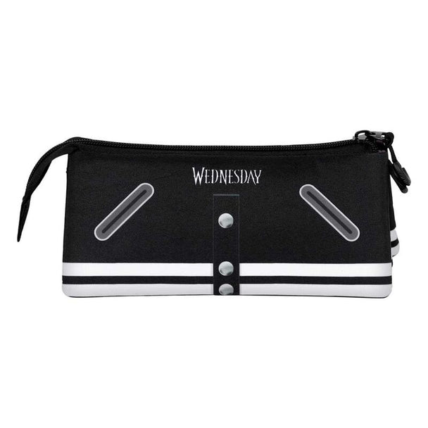 Vue principale de la trousse triple Wednesday Varsity KARACTERMANIA avec son design unique et ses trois compartiments ouverts