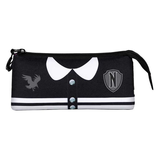 Détail des fermetures éclair robustes et des coutures de la trousse triple Wednesday Varsity KARACTERMANIA
