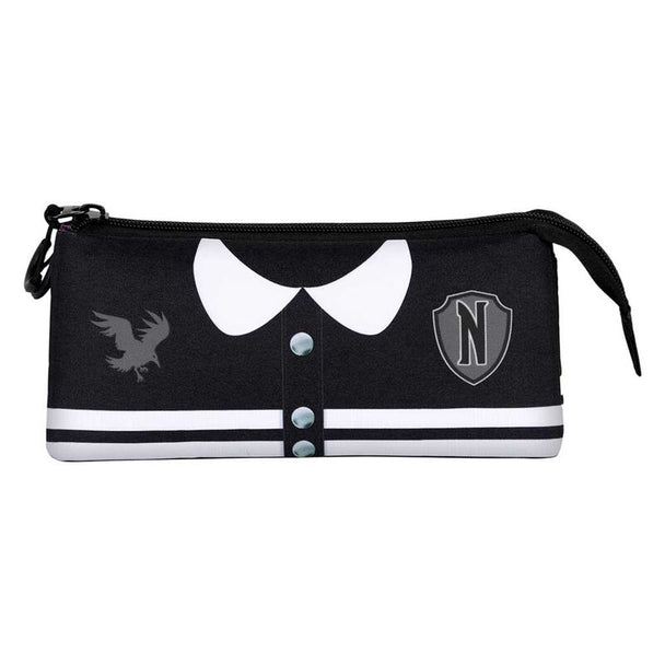 Détail des fermetures éclair robustes et des coutures de la trousse triple Wednesday Varsity KARACTERMANIA