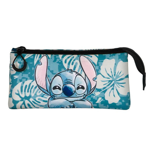Trousse triple Disney Stitch Aloha vue de face avec ses trois compartiments ouverts, dimensions 11x23x7cm