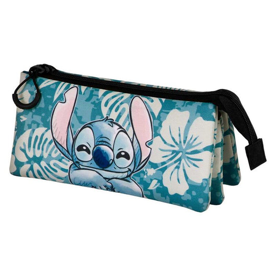 Détail du design coloré Stitch Aloha sur la trousse triple KARACTERMANIA, idéale pour stylos et accessoires