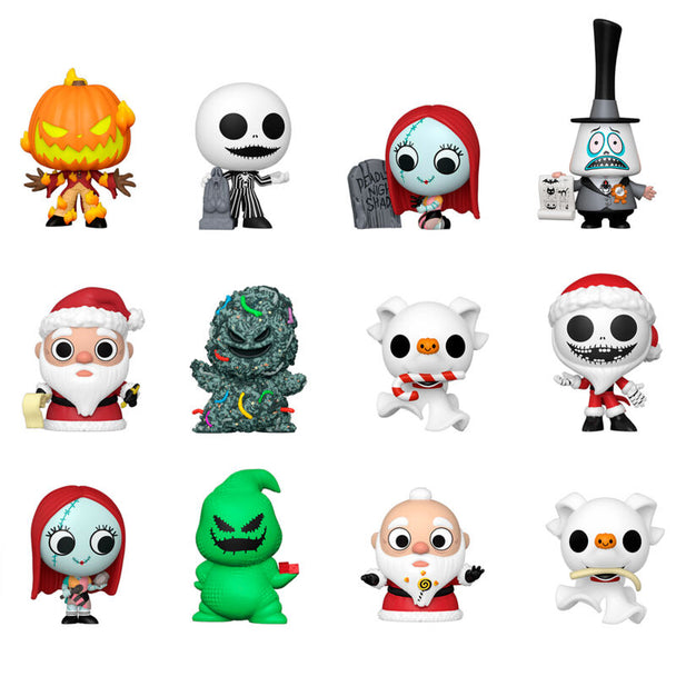 Collection de deux figurines mystère Funko Disney The Nightmare Before Christmas visibles sur fond blanc