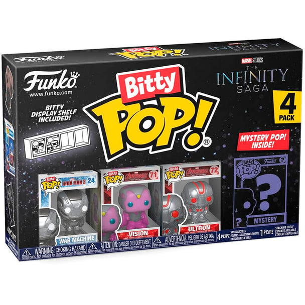 Blister contenant 4 figurines Bitty POP Marvel Iron Man The Infinity Saga sous boîtier acrylique transparent