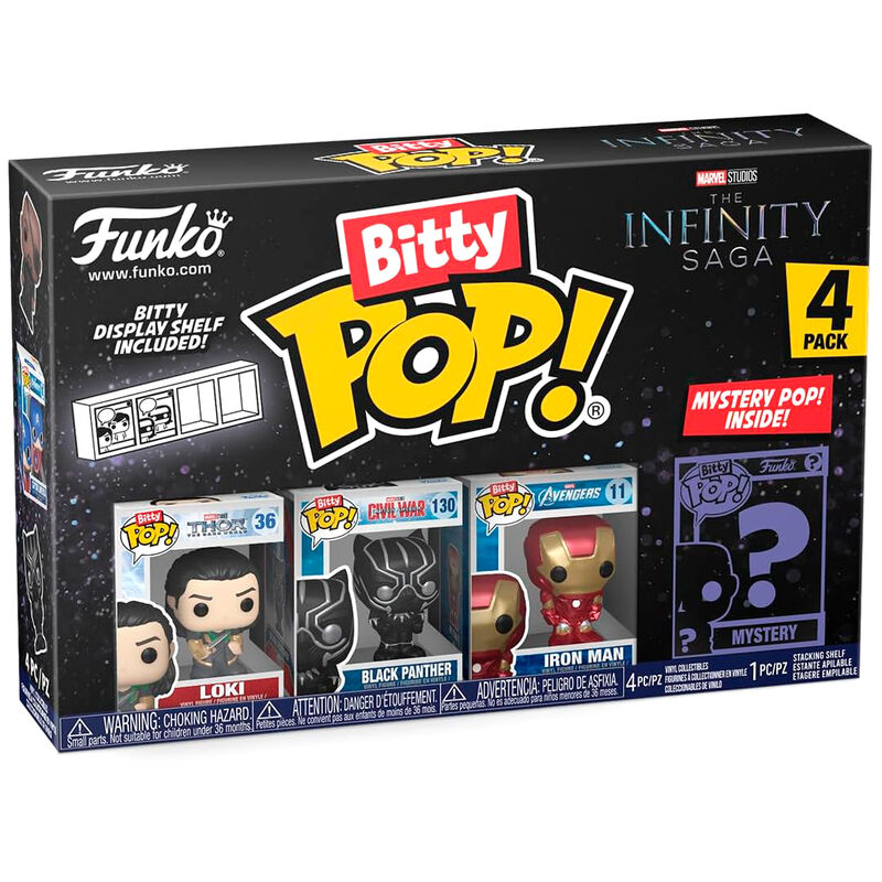 Blister contenant 4 figurines Bitty POP Marvel Loki de la saga Infinity avec boîtiers en acrylique