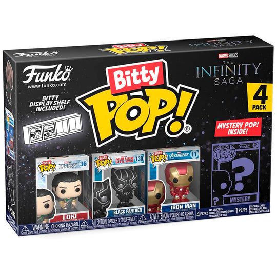 Blister contenant 4 figurines Bitty POP Marvel Loki de la saga Infinity avec boîtiers en acrylique