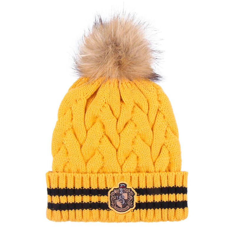 Bonnet Harry Potter Hufflepuff en acrylique affichant le blason jaune et noir de la maison sur fond blanc