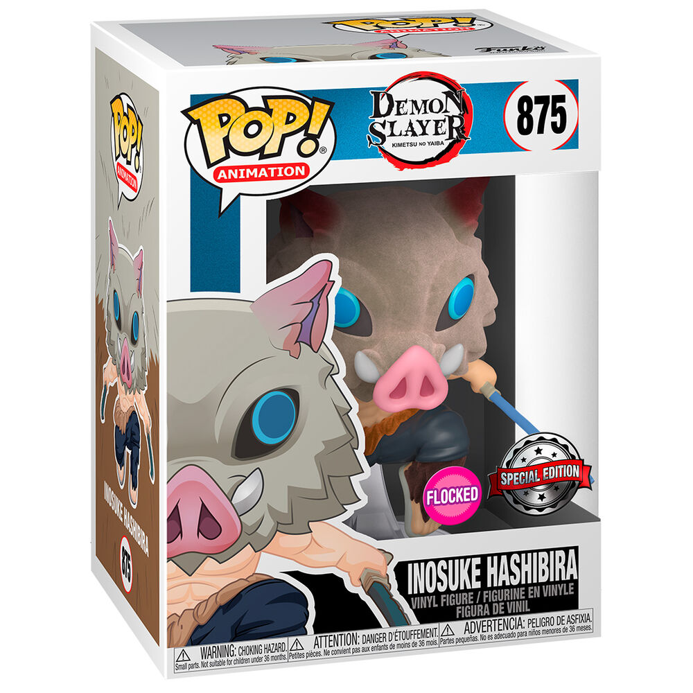 Vue latérale de la figurine Funko POP d'Inosuke Hashibira avec son masque de sanglier et détails colorés dans sa boîte