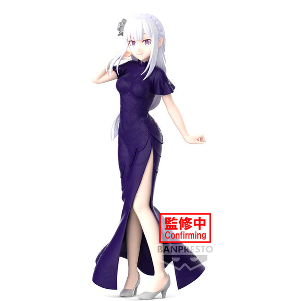 Figurine Emilia de Re:Zero Glitter & Glamours de 24 cm par BANPRESTO, vue de face avec détails brillants et couleurs vives.