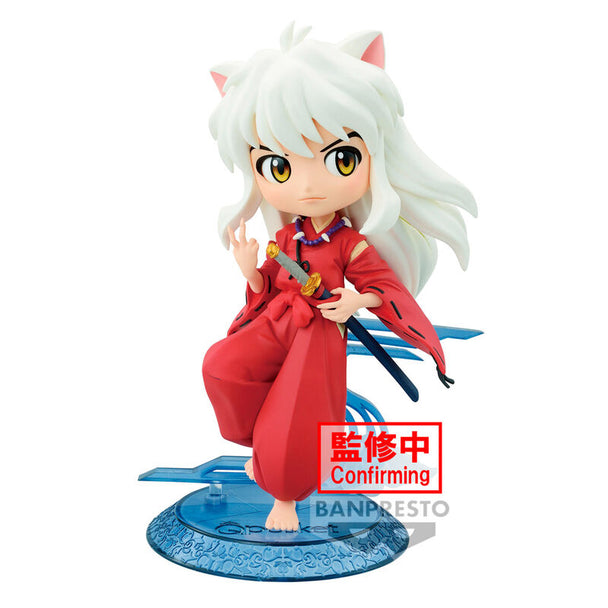 Figurine Inuyasha Q Posket de 14 cm avec détails précis, modèle officiel BANPRESTO présenté sur fond blanc.