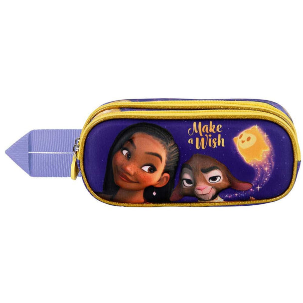 Vue de face de la trousse Disney Wish 3D double compartiment avec design embossé et fermeture éclair