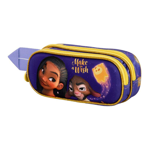 Photo de la trousse ouverte montrant les deux compartiments zippés et la doublure intérieure