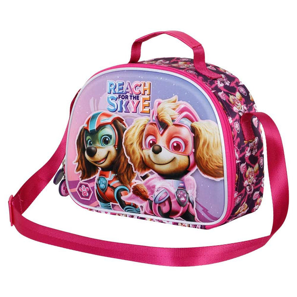 Vue latérale du sac à déjeuner Paw Patrol Might montrant les détails du design 3D coloré et la fermeture éclair robuste