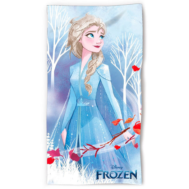 Serviette de plage microfibre Disney Frozen Elsa 70x140cm avec illustration colorée du personnage Elsa.