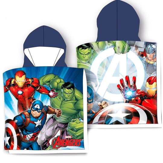 Serviette poncho Marvel Avengers en coton blanc avec logo coloré, dimensions 55x100 cm.